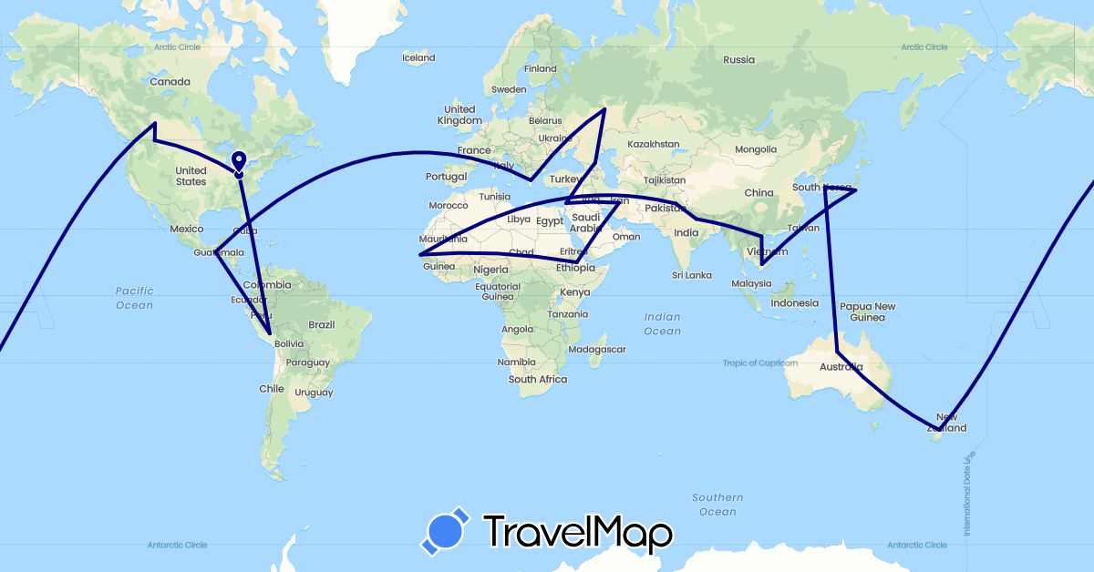 TravelMap itinerary: driving in Australia, Canada, Ethiopia, Greece, Guatemala, Israel, India, Iran, Japan, South Korea, New Zealand, Peru, Russia, Senegal, United States, Vietnam (Africa, Asia, Europe, North America, Oceania, South America)